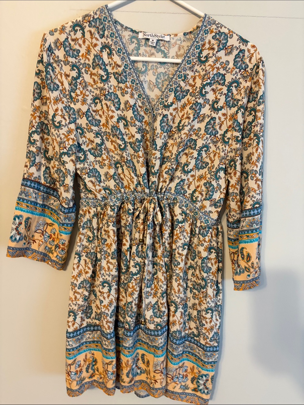 NorthStyle Cream Dress with Teal/maroon and Mustard Floral Print. Med. 💯 viscose